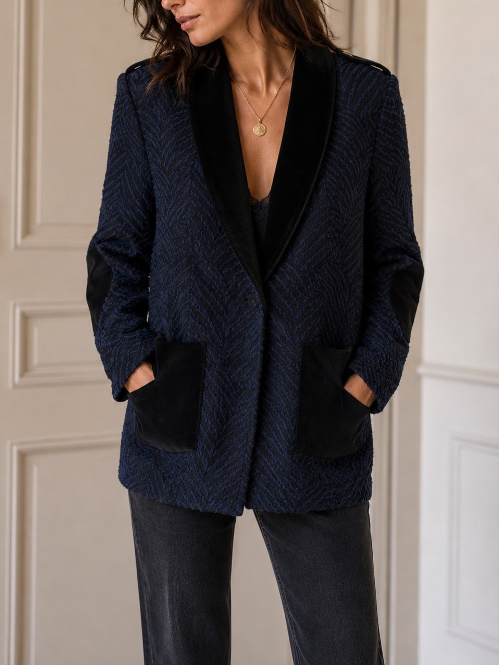 Sézane Textured Jacquard Blazer Black Navy Shawl Collar Elbow Patch Jacket Small